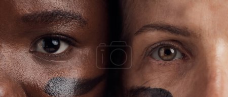 Photo for Eyes, diversity and empowerment with women closeup in studio for human rights or gender equality. Portrait, face and courage with confident female people in a politics protest of violence together. - Royalty Free Image