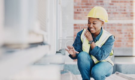 Photo for Happy phone call, air conditioner or maintenance black woman chat about HVAC machine, heat pump or aircon inspection. Construction worker, cellphone or rooftop technician person for AC repair service. - Royalty Free Image