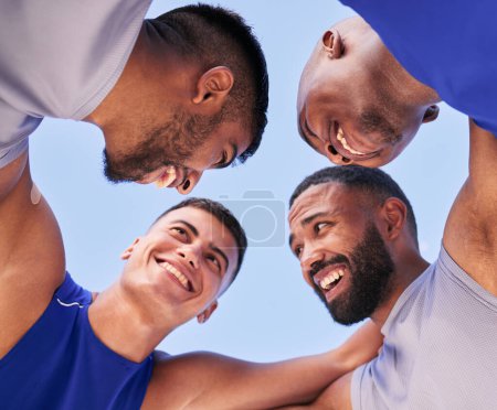 Photo for Teamwork, low angle or happy men in huddle with volleyball match strategy for motivation, mission or support. Fitness, smile or sports athletes planning goals, group target or training game together. - Royalty Free Image