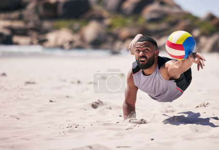 Photo for Fitness, beach and athlete playing volleyball while jumping on the sand while on tropical weekend trip. Sports, blur motion and young man training for seaside game, match or tournament by the ocean - Royalty Free Image