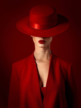 Photo for Vintage, fashion and woman in a suit or hat in studio with retro, style and edgy, confident or creative pose on red background. Mystery character, model and girl with power, beauty or aesthetic. - Royalty Free Image