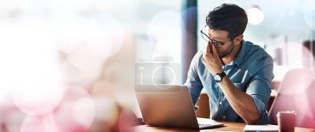 Photo for Businessman, laptop and headache with copy space in office with bokeh, overlay or mock up. Man, tired and burnout with stress, anxiety or mental health by computer with problem, glitch and frustrated. - Royalty Free Image