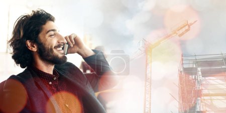 Photo for Businessman, phone call and construction site in double exposure for networking, conversation and smile. Man, smartphone and ceo architect with happiness, success and communication for property deal. - Royalty Free Image