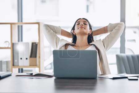 Photo for Happy woman stretching at office desk with health, muscle wellness and work life balance with laptop for career. Young business worker, employee or person relax and peace for project time management. - Royalty Free Image