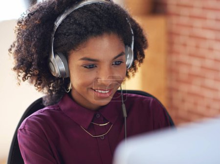 Photo for Music headphones, computer and black woman in office, working and streaming audio. Technology, business desktop and happy female employee listening to podcast, radio sound or album song in workplace - Royalty Free Image