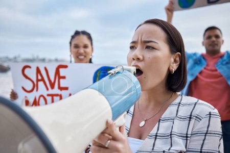 Photo for Climate change, megaphone and Asian woman protest with crowd protesting for environment and global warming. Save the earth, group activism and female shouting on bullhorn to stop planet pollution - Royalty Free Image
