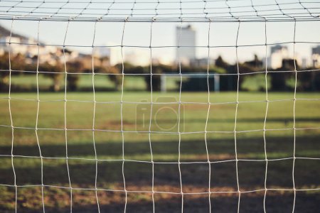 Photo for Empty, net or goal post on soccer field for fitness training, exercise or workout outdoors on grass pitch. Football club, background or closeup of game competition event or match contest in stadium. - Royalty Free Image