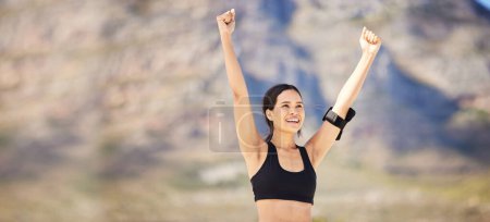 Photo for Outdoor, fitness and woman with celebration, goals and achievement with success, happiness and energy. Person, winner and exercise in nature, smile and target with workout, excited and win with power. - Royalty Free Image