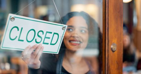 Photo for Happy woman, small business or closed sign on window in coffee shop or restaurant for end of service. Closing time, smile or manager with board, poster or message in retail store or cafe for notice. - Royalty Free Image