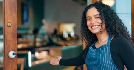 Photo for Businesswoman, store and welcome with smile, waitress and startup for cafe, coffee shop and restaurant. Portrait, entrepreneurship and entrance for retail, proud and confident at door, happy and open. - Royalty Free Image