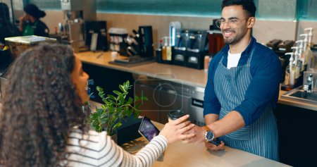 Photo for Coffee, payment or happy customer in cafe with barista for shopping, sale or service in checkout. Machine, bills or friendly cashier giving espresso, beverage or tea drink to a woman in restaurant. - Royalty Free Image