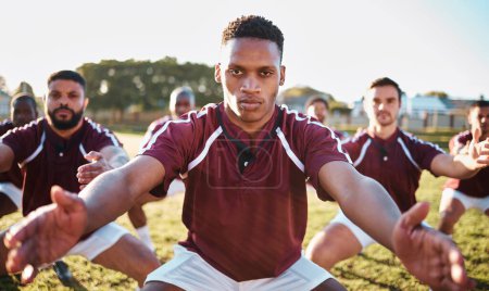 Photo for Sports, men and portrait of a rugby team on a field for stretching, training and fitness exercise. Athlete group people train for teamwork, competition game and diversity with workout and performance. - Royalty Free Image