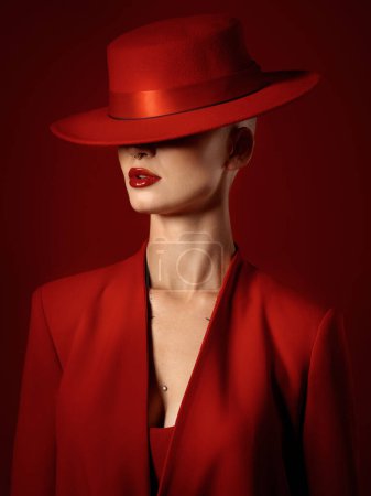 Photo for Retro, fashion or woman in a vintage suit, hat and beauty in studio with creative, style and edgy or confident pose on red background. Mystery character, model and girl with power or aesthetic. - Royalty Free Image