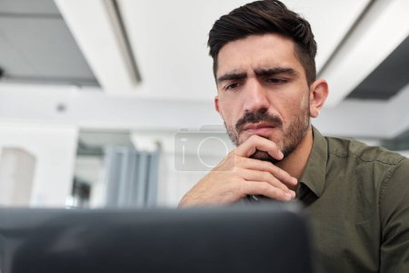 Photo for Business, thinking and man with a computer, solution and problem solving with ideas, research and website information. Career, male professional and consultant with a pc, online reading and decision. - Royalty Free Image