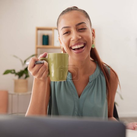Photo for Coffee, happy and woman on a video call with a laptop for business, reading email and working in a house. Internet, communication and remote girl entrepreneur with a smile and tea with a pc for job. - Royalty Free Image