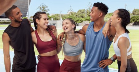 Photo for Fitness, friends and happy social team in sports, exercise or cardio workout at the stadium. Athletic people laughing enjoying conversation, friendship and communication in healthy wellness together. - Royalty Free Image