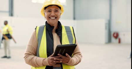Photo for Happy woman, portrait and senior engineer with tablet for warehouse inspection, inventory or storage. Mature female person, architect or contractor smile with technology and hat in safety management. - Royalty Free Image