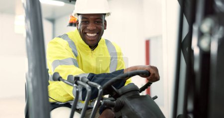 Photo for Engineer man, forklift and smile in portrait for logistics, supply chain or working in warehouse. Employee, helmet and reflective gear for safety at shipping workshop in vehicle for transportation. - Royalty Free Image