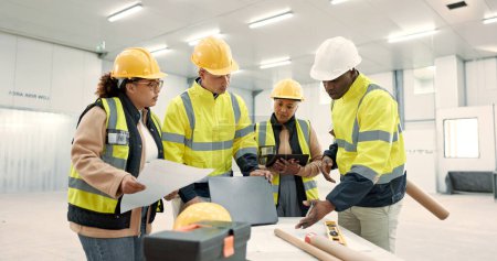 Photo for Engineering group, blueprint planning and tablet at construction site, warehouse or design development, Industry people talking of floor plan on laptop, digital technology and architecture renovation. - Royalty Free Image
