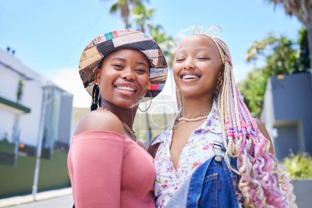 Photo for Girl friends, love and african women happiness on uni vacation or travel trip in city. Young fun black girls, lesbian couple or sisters fun together outdoor summer holiday family portrait. - Royalty Free Image