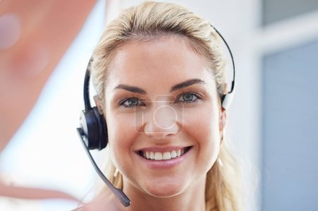 Photo for Call center, smile and selfie of business woman for telemarketing, customer support or consulting. Contact us, sales or networking with portrait of employee for help desk, technology or communication. - Royalty Free Image