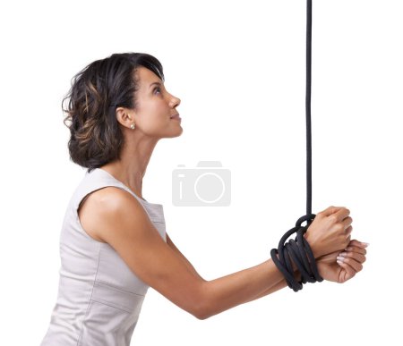 Photo for Woman, business and hands for tied up with rope on white background, studio or mock up in corporate slavery. Person, hostage or prisoner for kidnapping, silence or fear of whistleblower in New York. - Royalty Free Image