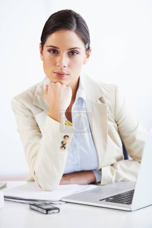 Photo for Serious, laptop and portrait of business woman in office with confidence working on a legal case. Young, professional and attorney from Canada doing research on computer for law project in workplace - Royalty Free Image