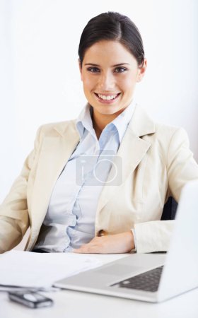 Photo for Businesswoman, smile and document with laptop in office for review, research or sales report. Female consultant, corporate or analyst with excitement for company growth, networking or connectivity. - Royalty Free Image