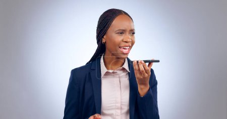 Photo for Phone call, business and black woman with conversation, speaker and connection on white studio background. African person, model and employee with a smartphone, communication and talking with network. - Royalty Free Image