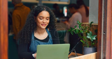 Photo for Manager, small business or laptop in coffee shop for work schedule, stock or inventory check. Management, menu or woman with technology for website, email or online app system in cafe or restaurant. - Royalty Free Image