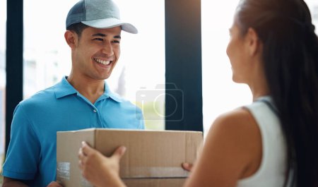 Photo for Front door, delivery guy or boxes of a happy woman for ecommerce distribution or online shopping. Shipping services, smile or friendly courier man giving cardboard parcel, product or package in home. - Royalty Free Image
