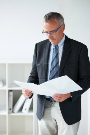 Photo for Businessman, standing amd reading documents in office or company contract, report information or confidential file. Male person, suit or paperwork thinking or corporate agreement, decision or folder. - Royalty Free Image