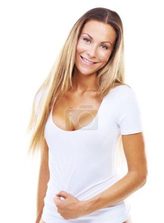 Photo for Portrait, smile and woman in tshirt for fashion in studio isolated on a white background. Face, happy model and girl in clothes for cleavage, sexy style and confidence in body for beauty on backdrop. - Royalty Free Image