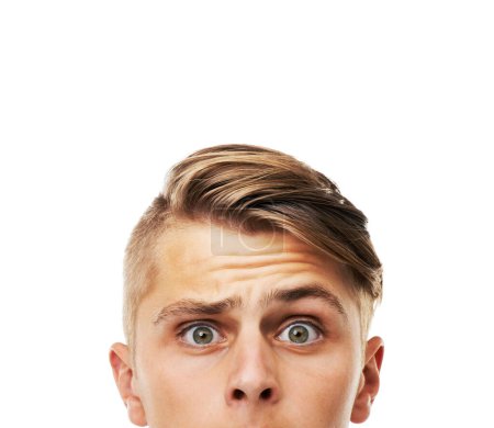 Photo for Question, why and thinking face of confused man with doubt in problem solving in white background. Closeup, portrait and person with doubt for decision, ideas and emoji of surprise in studio mockup. - Royalty Free Image