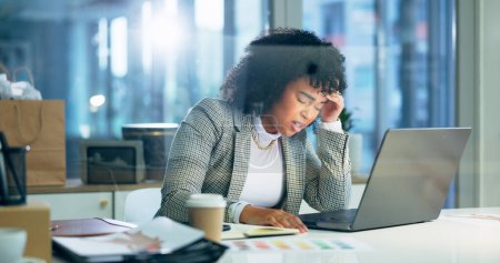Photo for Headache, stress and business woman on laptop in office dizzy, vertigo or exhausted by deadline pressure. Burnout, migraine and female designer with anxiety for glitch 404 or internet, crisis or fail. - Royalty Free Image