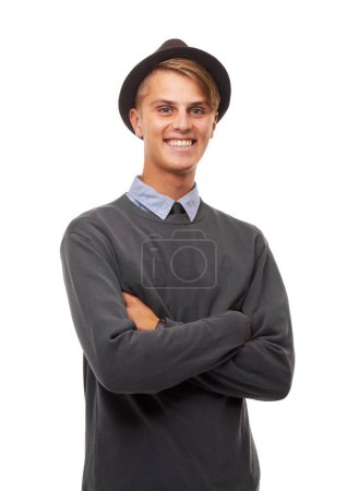 Photo for Portrait, man and hipster with arms crossed, smile and employee isolated on white studio background. Face, person and model with formal clothes, hat and stylish outfit with cheerful, joy or happiness. - Royalty Free Image