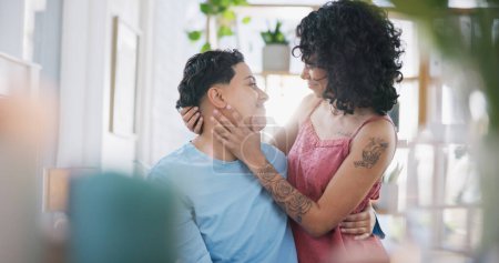 Photo for Love, lesbian couple, gay women or bisexual girlfriend bond, smile and home romantic connection. LGBT, passion and transgender people relax with marriage partner in Costa Rica hotel. - Royalty Free Image