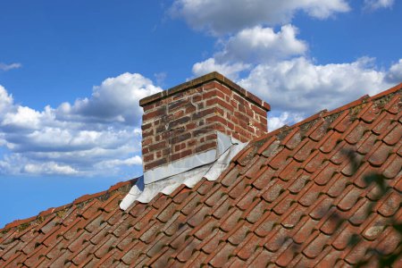 Photo for Red brick chimney designed on slate roof of house building outside against blue sky with white clouds background. Construction of exterior escape chute built on rooftop for fireplace smoke and heat. - Royalty Free Image