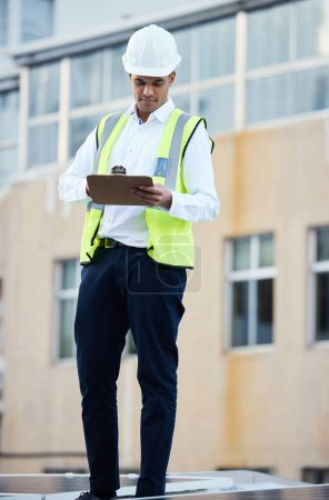 Photo for Notes, planning and construction worker writing about building progress, inspection and maintenance. Security, industrial and safety man on a site to check repairs, architecture and contractor work. - Royalty Free Image