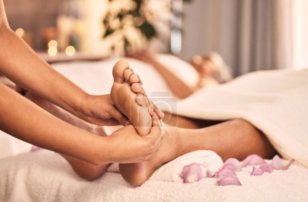 Photo for Foot, massage or closeup of spa therapist in acupressure service, luxury wellness and relax for circulation therapy. Feet, client or hands of beautician at salon for pedicure, skincare or reflexology. - Royalty Free Image