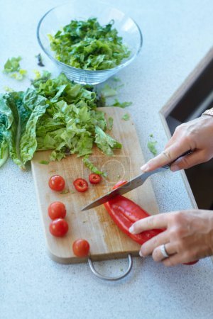 Téléchargez les photos : Mains sur la planche à découper, les légumes et le couteau sur le dessus de table dans les aliments de cuisine. Gros plan des plantes coupantes sur le comptoir, au-dessus et la tomate, le poivre et la nutrition pour une salade de laitue saine à la maison. - en image libre de droit