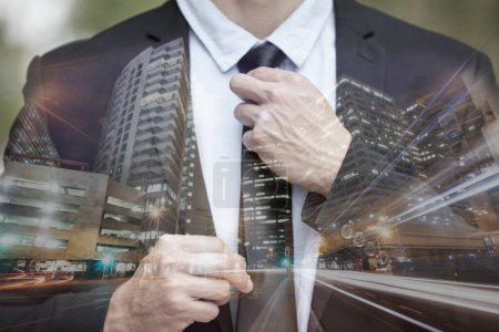 Photo for Businessman, suit and tie with double exposure of city with hands, night or street with motion blur. Executive man, metro or buildings with dark holographic overlay for leader, manager or cityscape. - Royalty Free Image