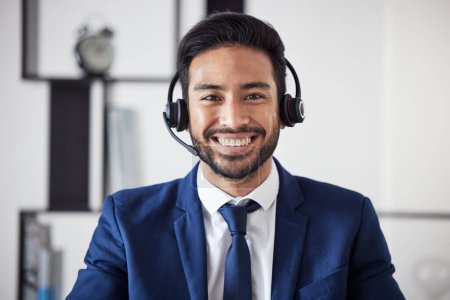 Photo for Customer service portrait, happiness and business man consulting on technical support, telecom or ecommerce. Telemarketing communication, face and corporate person happy in call center administration. - Royalty Free Image