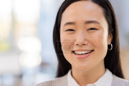 Photo for Business woman, face and happy with Asian and mockup space, vision and professional or positive mindset in her career. Smile in portrait, leader and corporate lawyer at law firm in Japan for success. - Royalty Free Image
