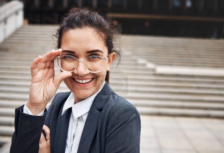 Photo for Portrait, corporate and woman in a city, glasses and happiness with success, career and business. Face, female person or finance consultant outdoor, eyewear or smile with clear vision or professional. - Royalty Free Image