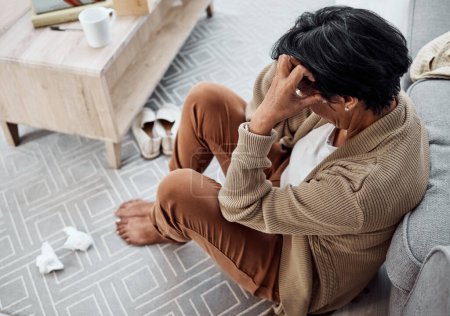 Photo for Stress, divorce or sad woman with depression, anxiety or mental health problem in house living room. Worry, cry or tired person thinking of broken heart, loss or stress from emotional grief at home. - Royalty Free Image