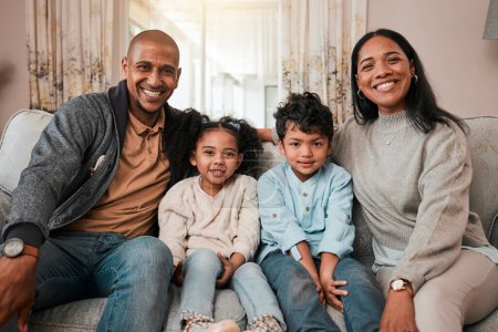 Photo for Family, mother and father with children in portrait, happy people at home with bonding and love in living room. Relax on couch together, parents and young kids with smile, trust with peace and care. - Royalty Free Image