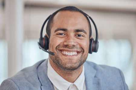 Photo for Call center, smile and face of man with headphones in office for telemarketing, support and crm. Contact us, portrait and customer service professional, sales agent and happy consultant from Brazil. - Royalty Free Image