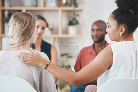 Photo for Support, help and group of people in therapy discussion for mental health problem, stress or depression with professional psychologist or therapist. Care, trust and psychology with community talking. - Royalty Free Image