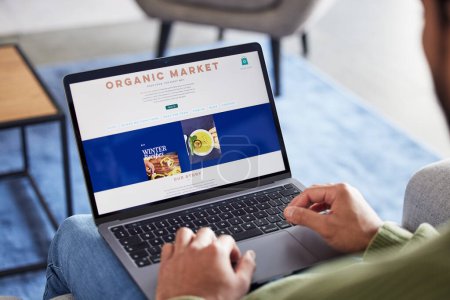 Photo for Online shopping menu, laptop screen and person hands reading healthy food homepage, restaurant web store or nutrition catalog. About us, organic market info and home customer search website for lunch. - Royalty Free Image